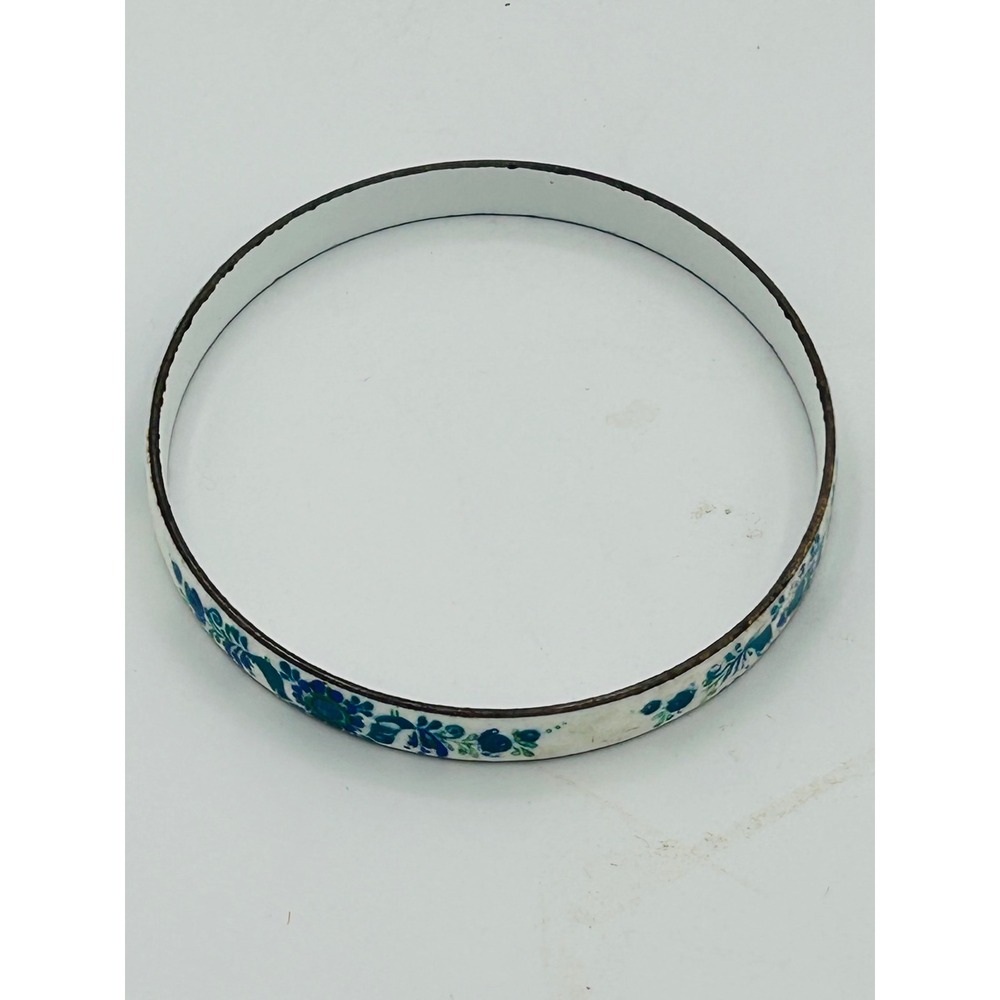 Vintage Heavy Enamel Bangle Bracelet Blue Green Folk Floral White Boho Stackable - Picture 4 of 4